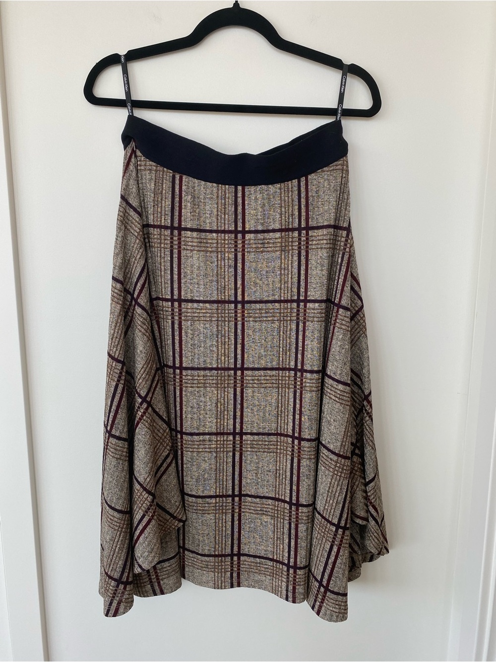 Calvin Klein Plaid Midi Skirt in Taupe and Burgundy